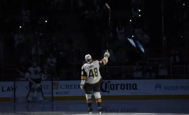 Vegas Golden Knights center Tomas Hertl gestures while being introduced before an NHL hockey game against the San Jose Sharks, Friday, Dec. 27, 2024, in San Jose, Calif. (AP Photo/Godofredo A. Vásquez)