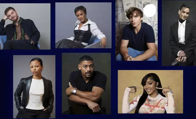 This combination of photos shows AP's 2024 breakthrough entertainers of the year. Fred Hechinger, from top left, Maleah Joi Moon, Nicholas Alexander Chavez, Adria Arjona, Myha'la, Aaron Pierre, and Glorilla. (AP Photo)