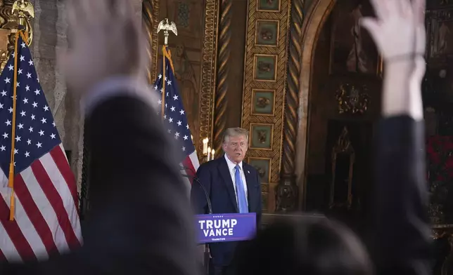 FILE - President-elect Donald Trump speaks during a news conference at Mar-a-Lago, Dec. 16, 2024, in Palm Beach, Fla. (AP Photo/Evan Vucci, FILE)