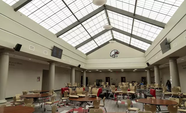 The cafeteria sits empty after lunch at Watonga High School on Wednesday, Oct. 2, 2024, in Watonga, Okla. (AP Photo/Nick Oxford)