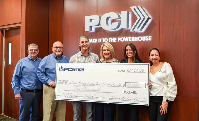 Mobile School Pantry's Founder Zeina Zein-Wolland (second right) and Board of Directors President Joselin Padron-Rasines (right) share lens time with (from left) the PCI team of Dennis R. Garcia, Executive VP &amp; CFO, Ismael Diaz, President &amp; CEO, and Founders Arturo and Susan Echarte. Mobile School Pantry was one of several recipients of grants from PCI. (Photo: Business Wire)