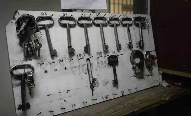 The keys used by penitentiary agents hang inside their office at the Pinero prison in Rosario, Argentina, Saturday, Sept. 28, 2024. (AP Photo/Rodrigo Abd)