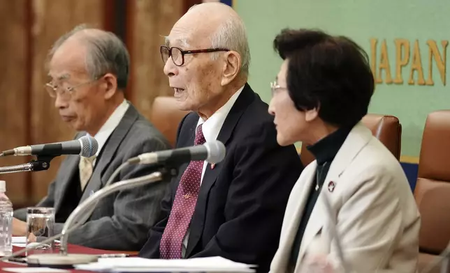 From left, Jiro Hamasumi, Terumi Tanaka and Michiko Kodama, representatives of this year's Nobel Peace Prize winner Nihon Hidankyo, or the Japan Confederation of A- and H-Bomb Sufferers Organizations, attend a press conference at Japan National Press Club Tuesday, Dec. 24, 2024, in Tokyo. (AP Photo/Eugene Hoshiko)