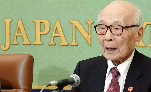 Terumi Tanaka, one of representatives of this year's Nobel Peace Prize winner Nihon Hidankyo, or the Japan Confederation of A- and H-Bomb Sufferers Organizations, attend a press conference at Japan National Press Club Tuesday, Dec. 24, 2024, in Tokyo. (AP Photo/Eugene Hoshiko)