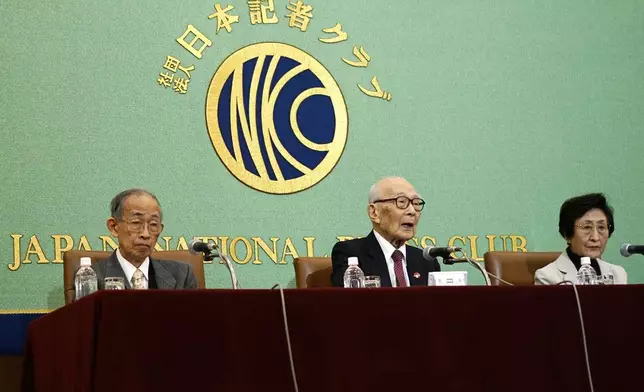 From left, Jiro Hamasumi, Terumi Tanaka and Michiko Kodama, representatives of this year's Nobel Peace Prize winner Nihon Hidankyo, or the Japan Confederation of A- and H-Bomb Sufferers Organizations, attend a press conference at Japan National Press Club Tuesday, Dec. 24, 2024, in Tokyo. (AP Photo/Eugene Hoshiko)