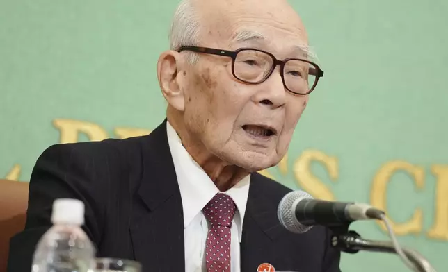 Terumi Tanaka, one of representatives of this year's Nobel Peace Prize winner Nihon Hidankyo, or the Japan Confederation of A- and H-Bomb Sufferers Organizations, attend a press conference at Japan National Press Club Tuesday, Dec. 24, 2024, in Tokyo. (AP Photo/Eugene Hoshiko)