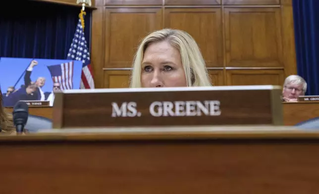 FILE - Rep. Marjorie Taylor-Greene, R-Ga., listens during a hearing at the Capitol in Washington, July 22, 2024. (AP Photo/Rod Lamkey, Jr, file)