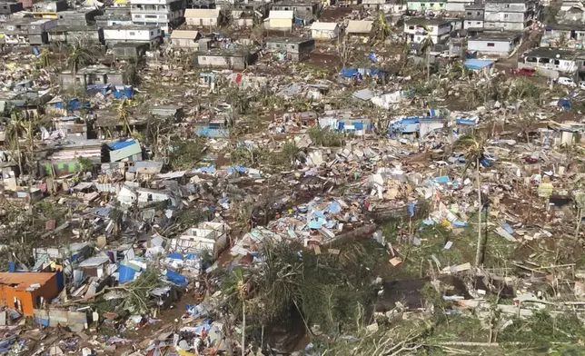 This undated photo provided on Tuesday Dec. 17, 2024 by the French Interior Ministry shows a devastated part of the French territory of Mayotte in the Indian Ocean, after the island was battered by its worst cyclone in nearly a century. (Ministere de l'Interieur/ Securite Civile via AP)