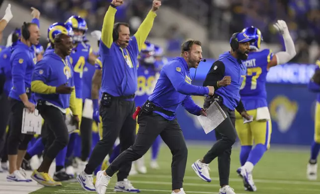 Los Angeles Rams head coach Sean McVay reacts after a defensive stop during the first half of an NFL football game against the Arizona Cardinals, Saturday, Dec. 28, 2024, in Inglewood, Calif. (AP Photo/Ryan Sun)