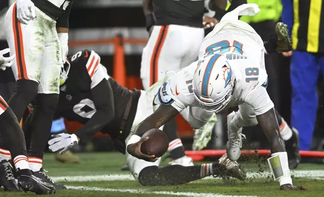 Miami Dolphins quarterback Tyler Huntley (18) scores a touchdown during the second half of an NFL football game against the Cleveland Browns Sunday, Dec. 29, 2024, in Cleveland. (AP Photo/David Richard)