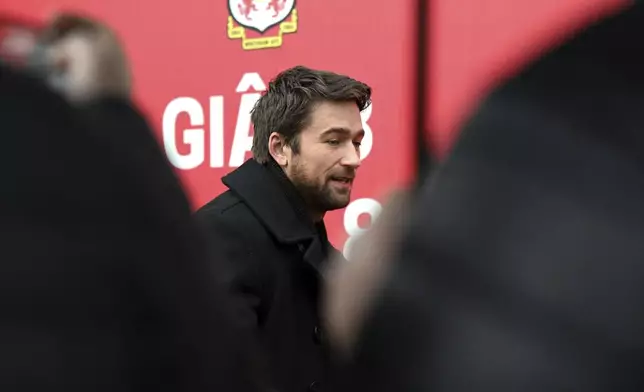 Brandon Sklenar arrives at SToK Cae Ras, ahead of the English Football League One soccer match between Wrexham and Cambridge United, in Wrexham, Wales, Saturday Dec.14, 2024. (Cody Froggat/PA via AP)