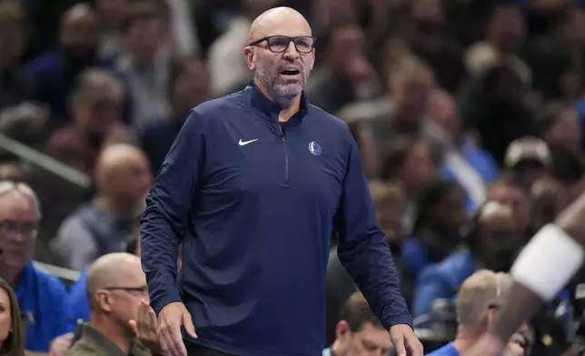 Dallas Mavericks head coach Jason Kidd looks on during the first half of an Emirates NBA Cup basketball game after the game, Tuesday, Dec. 3, 2024, in Dallas. (AP Photo/Julio Cortez)