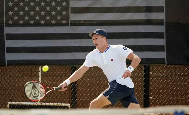 Tennis player Jenson Brooksby practices at the USTA national campus Tuesday, Dec. 10, 2024, in Orlando, Fla. (AP Photo/John Raoux)