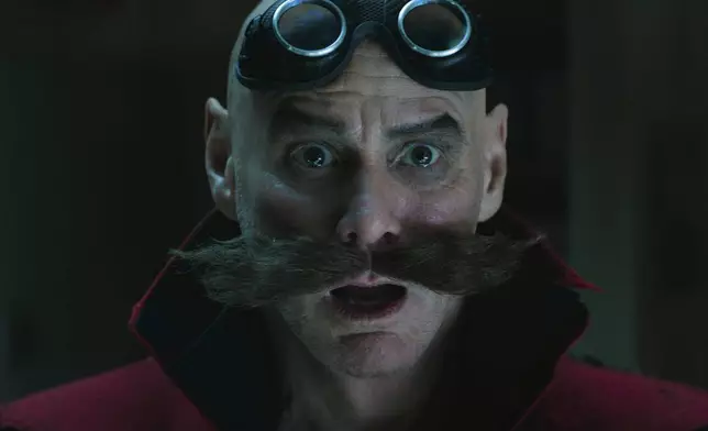 This image released by Paramount Pictures and Sega of America shows Jim Carrey, as Ivo Robotnik, in a scene from "Sonic the Hedgehog 3." (Paramount Pictures and Sega of America, Inc. via AP)