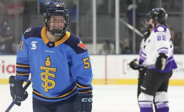 Toronto Sceptres' Victoria Bach reacts after scoring against Minnesota Frost during the second period of a PWHL hockey game, Saturday, Dec. 7, 2024. (Chris Young/The Canadian Press via AP)