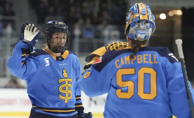Toronto Sceptres' Jesse Compher (18) celebrates with goaltender Kristen Campbell (50) after scoring against the Minnesota Frost during the first period of a PWHL hockey game, Saturday, Dec. 7, 2024. (Chris Young/The Canadian Press via AP)