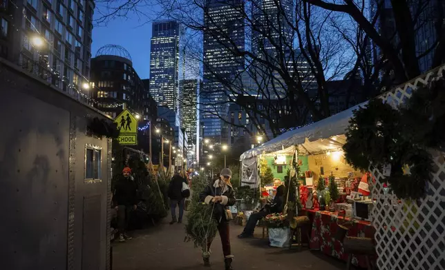 Kiwha Lee, a visual artist from New York, carries a Christmas tree from the SoHo Trees tree stand to her apartment building, Tuesday, Dec. 17, 2024, in New York. (AP Photo/Julia Demaree Nikhinson)