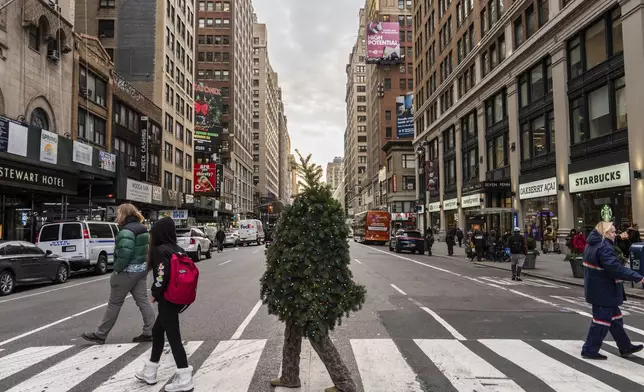 Tommy Liberto, known as Mr. Christmas Tree, crosses Seventh Avenue while visiting New York for the tenth year from Bel Air, Md., Wednesday, Dec. 4, 2024. (AP Photo/Julia Demaree Nikhinson)