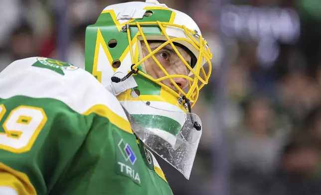 Minnesota Wild goaltender Marc-Andre Fleury (29) looks on during the second period of an NHL hockey game against the Florida Panthers Wednesday, Dec. 18, 2024, in St. Paul, Minn. (AP Photo/Matt Krohn)