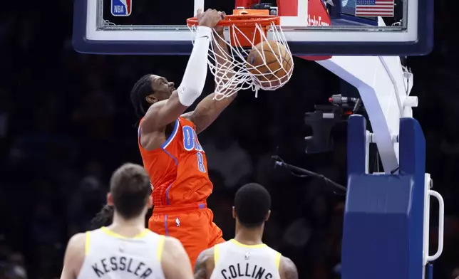 Oklahoma City Thunder forward Jalen Williams (8) dunks as Utah Jazz center Walker Kessler, left, and forward John Collins (20) watch during the second half of an Emirates NBA Cup basketball game, Tuesday, Dec. 3, 2024, in Oklahoma City. (AP Photo/Nate Billings)