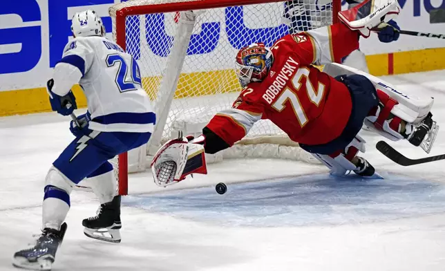 FILE - Florida Panthers goaltender Sergei Bobrovsky (72) blocks a shot by Tampa Bay Lightning defenseman Matt Dumba (24) during the second period of Game 2 of the first-round of an NHL Stanley Cup Playoff series, Tuesday, April 23, 2024, in Sunrise, Fla. (AP Photo/Wilfredo Lee, File)