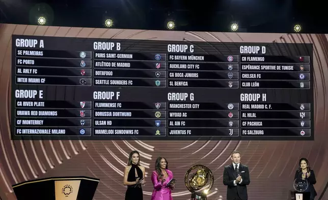 Presenter Samantha Johnson speaks on stage during the draw for the 2025 FIFA Club World Cup soccer tournament, Thursday, Dec. 5, 2024, in Miami. (AP Photo/Rebecca Blackwell)