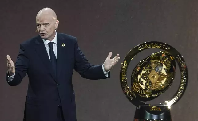 FIFA President Gianni Infantino' speaks during the draw for the 2025 FIFA Club World Cup soccer tournament, Thursday, Dec. 5, 2024, in Miami. (AP Photo/Rebecca Blackwell)