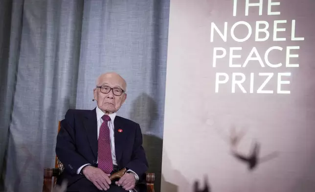 Representative of this year's Nobel Peace Prize winner Nihon Hidankyo, or the Japan Confederation of A- and H-Bomb Sufferers Organizations, Terumi Tanaka sits at the Nobel Institute in Oslo, on Monday, Dec. 9, 2024. (Javad Parsa/NTB Scanpix via AP)