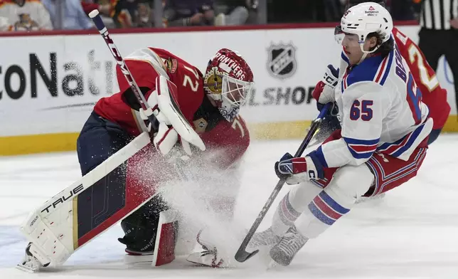 Florida Panthers goaltender Sergei Bobrovsky (72) defends the goal against New York Rangers left wing Brett Berard (65) during the first period of an NHL hockey game, Monday, Dec. 30, 2024, in Sunrise, Fla. (AP Photo/Lynne Sladky)