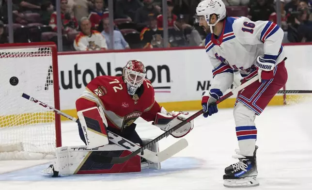 Florida Panthers goaltender Sergei Bobrovsky (72) defends against a shot-attempt on goal by New York Rangers center Vincent Trocheck (16) during the first period of an NHL hockey game Monday, Dec. 30, 2024, in Sunrise, Fla. (AP Photo/Lynne Sladky)