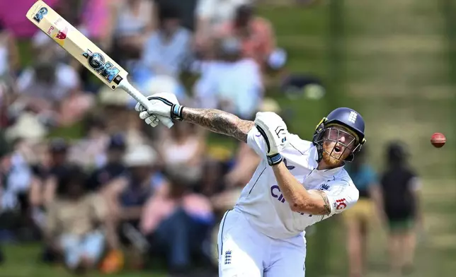 England captain Ben Stokes reacts while batting during play on day two of the third cricket test between England and New Zealand in Hamilton, New Zealand, Sunday, Dec. 15, 2024. (Andrew Cornaga/Photosport via AP)