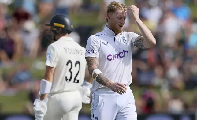 England captain Ben Stokes reacts during play on day two of the third cricket test between England and New Zealand in Hamilton, New Zealand, Sunday, Dec. 15, 2024. (Bruce Lim/Photosport via AP)
