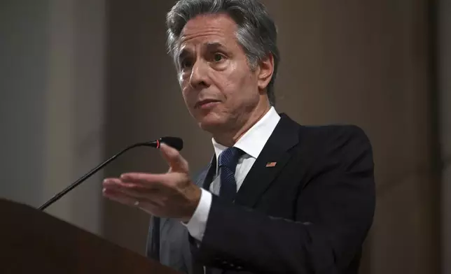 US Secretary of State Antony Blinken delivers a statement to the press after the meeting with the foreign ministers of the Arab Contact Group on Syria in Jordan's southern Red Sea coastal city of Aqaba, Saturday Dec. 14, 2024. (Andrew Caballero-Reynolds/Pool via AP)