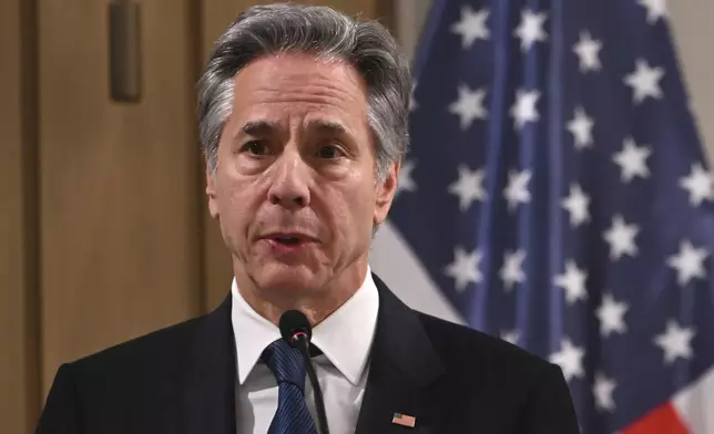 US Secretary of State Antony Blinken delivers a statement to the press after the meeting with the foreign ministers of the Arab Contact Group on Syria in Jordan's southern Red Sea coastal city of Aqaba, Saturday Dec. 14, 2024. (Andrew Caballero-Reynolds/Pool via AP)