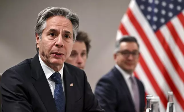 US Secretary of State Antony Blinken speaks during his meeting with the United Nations (UN) Special Envoy for Syria in Jordan's southern Red Sea coastal city of Aqaba, Saturday Dec. 14, 2024. (Andrew Caballero-Reynolds/Pool via AP)