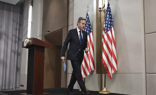 US Secretary of State Antony Blinken leaves after delivering a statement to the press after the meeting with the foreign ministers of the Arab Contact Group on Syria in Jordan's southern Red Sea coastal city of Aqaba, Saturday Dec. 14, 2024. (Andrew Caballero-Reynolds/Pool via AP)