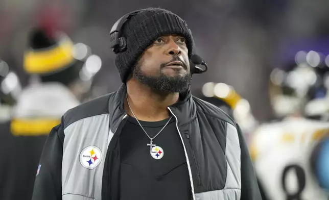 Pittsburgh Steelers head coach Mike Tomlin looks on during the second half of an NFL football game against the Baltimore Ravens, Saturday, Dec. 21, 2024, in Baltimore. (AP Photo/Stephanie Scarbrough)