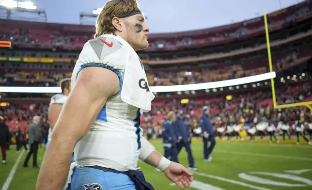 Tennessee Titans quarterback Will Levis (8) leaves the field after the team's 42-19 loss against the Washington Commanders in an NFL football game Sunday, Dec. 1, 2024, in Landover, Md. (AP Photo/Matt Slocum)