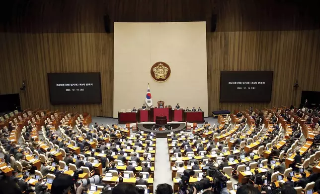 South Korean lawmakers attend plenary session of the impeachment vote of President Yoon Suk Yeol at the National Assembly in Seoul, South Korea, on Saturday, Dec. 14, 2024. (Woohae Cho/Pool Photo via AP)