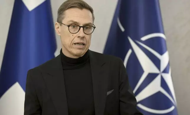 Finnish President Alexander Stubb meets with media to make comments on the Finland-Estonia electrical link Estlink cable disruption, at the Presidential Palace in Helsinki, Finland, Friday Dec. 27, 2024. (Vesa Moilanen/Lehtikuva via AP)