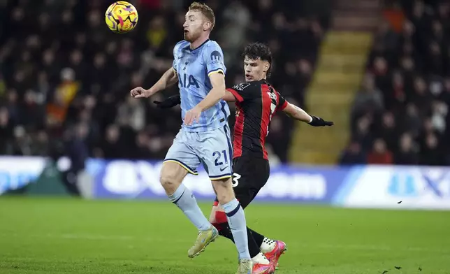 Tottenham Hotspur's Dejan Kulusevski, left, and Bournemouth's Milos Kerkez, right, challenage for the ball during the English Premier League soccer match between AFC Bournemouth and Tottenham Hotspur in Bournemouth, England, Thursday, Dec. 5, 2024. (Adam Davy/PA via AP)