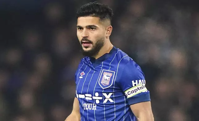 Ipswich Town's Sam Morsy wearing a standard captain's armband during the England Premier League soccer match between Ipswich Town and Crystal Palace at Portman Road, Ipswich, England, Tuesday, Dec. 3, 2024. (Zac Goodwin/PA via AP)