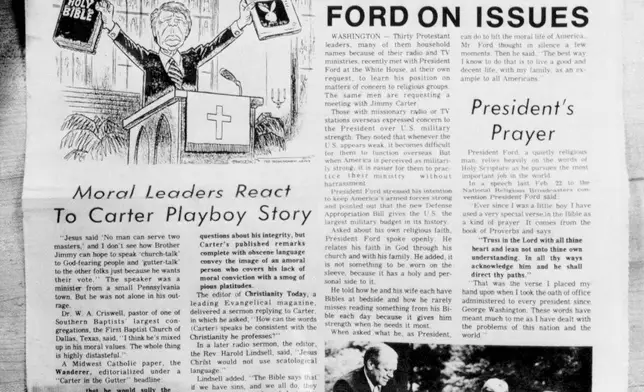 FILE - The front page of a publication mailed to rural Iowans by then-President Gerald Ford's campaign committee is seen on Oct. 26, 1976, in Des Moines, Iowa. The cartoon shows Carter in the pulpit waving the Bible and copy of Playboy magazine. (AP Photo, File)