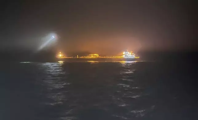 This photo provided by Rajavartiosto (Finnish Border Guard) on Thursday, Dec. 26, 2024, shows the oil tanker Eagle S at sea outside Porkkalanniemi, Finland. The Eagle S was sailing at the same time in the area where the Finland-Estonia electrical link was disrupted on Wednesday. (Rajavartiosto via AP)