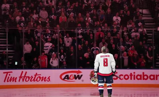 Washington Capitals' Alex Ovechkin stands for the national anthems prior to NHL hockey game action against the Toronto Maple Leafs in Toronto, Saturday, Dec. 28, 2024. (Frank Gunn/The Canadian Press via AP)