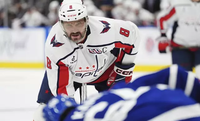 Washington Capitals' Alex Ovechkin (8) lines up for a face off against the Toronto Maple Leafs during third-period NHL hockey game action in Toronto, Saturday, Dec. 28, 2024. (Frank Gunn/The Canadian Press via AP)