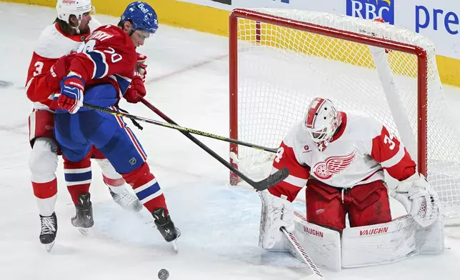 Detroit Red Wings' Justin Holl (3) defends against Montreal Canadiens' Juraj Slafkovsky (20) as he moves in on Red Wings goalie Alex Lyon during the second period of an NHL hockey game in Montreal, Saturday, Dec. 21, 2024. (Graham Hughes/The Canadian Press via AP)