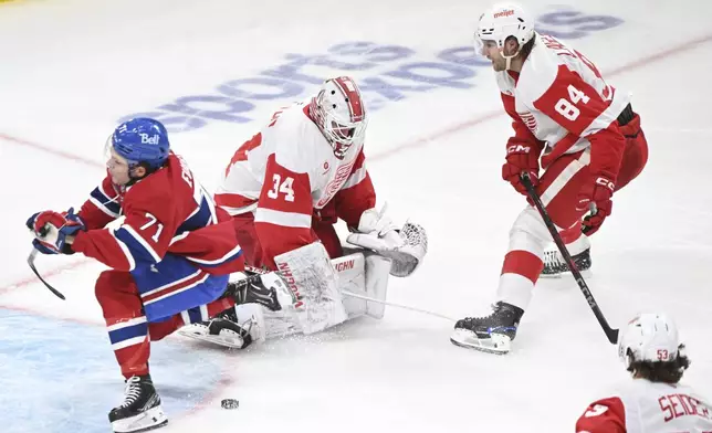 Montreal Canadiens' Jake Evans (71) clips Detroit Red Wings goaltender Alex Lyon (34) after being hooked by Red Wings' William Lagesson (84) during third-period NHL hockey game action in Montreal, Saturday, Dec. 21, 2024. (Graham Hughes/The Canadian Press via AP)