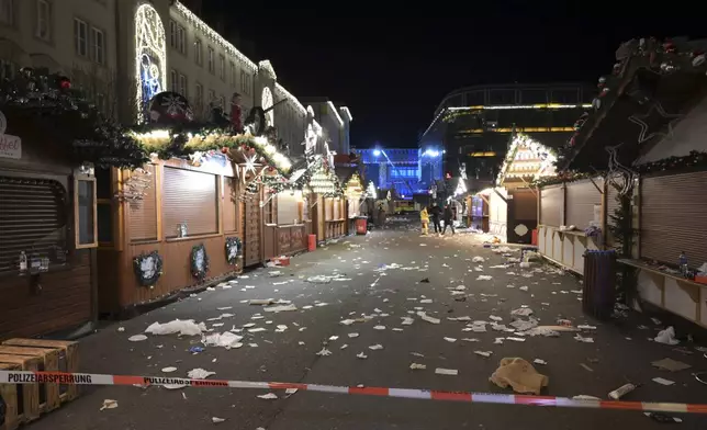 A view of the cordoned-off Christmas market after an incident in Magdeburg, Germany, Friday Dec. 20, 2024. (Heiko Rebsch/dpa via AP)