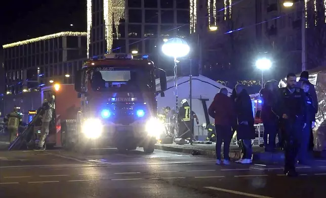 In this screen grab image from video, emergency services attend an incident at the Christmas market in Magdeburg, Germany, Friday Dec. 20, 2024. (Thomas Schulz/dpa via AP)